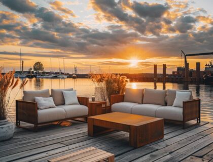 akie meble ogrodowe najlepiej pasują do przestrzeni nad wodą w stylu industrialnym