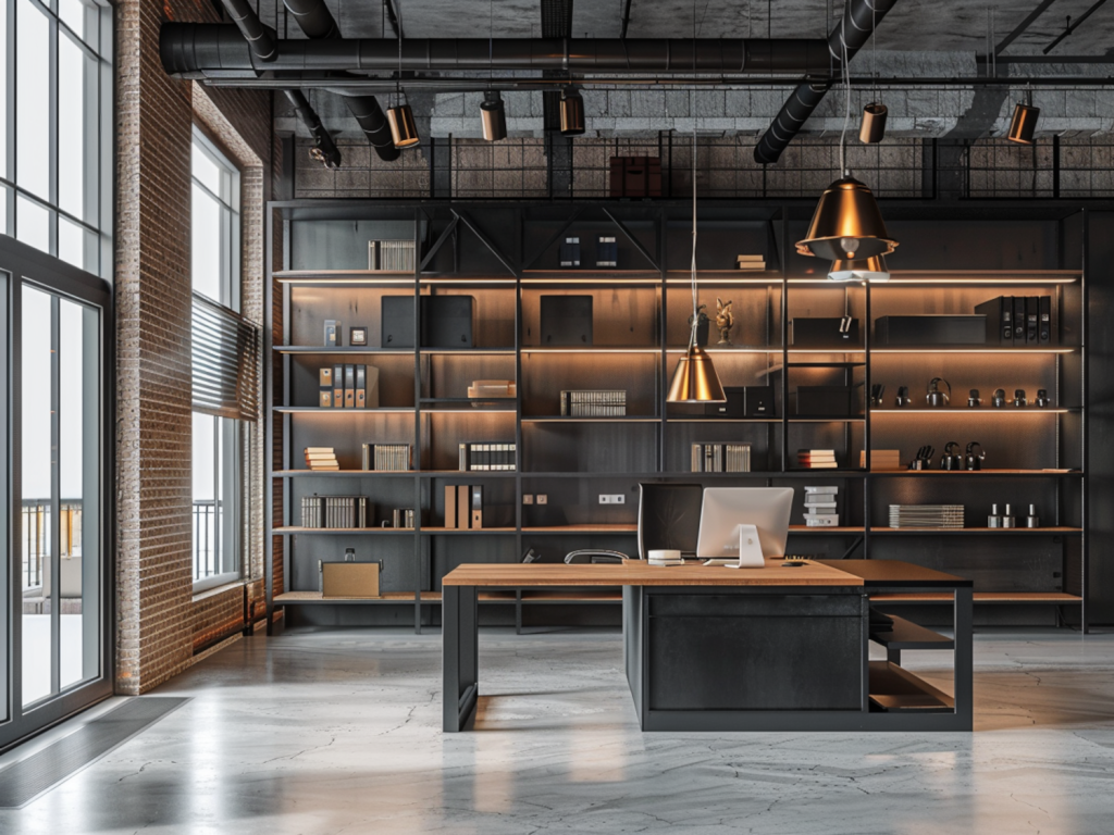 10 inspiracji na urządzenie przestrzeni biurowej w stylu industrialnym z metalowymi regałami