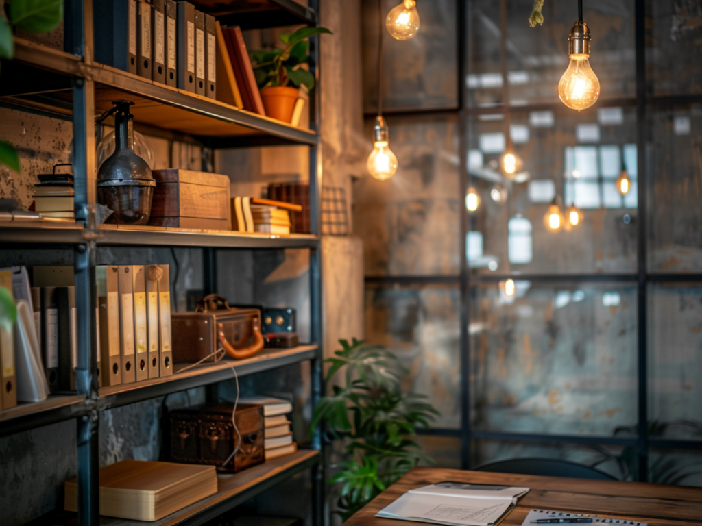 10 inspiracji na urządzenie przestrzeni biurowej w stylu industrialnym z metalowymi regałami
