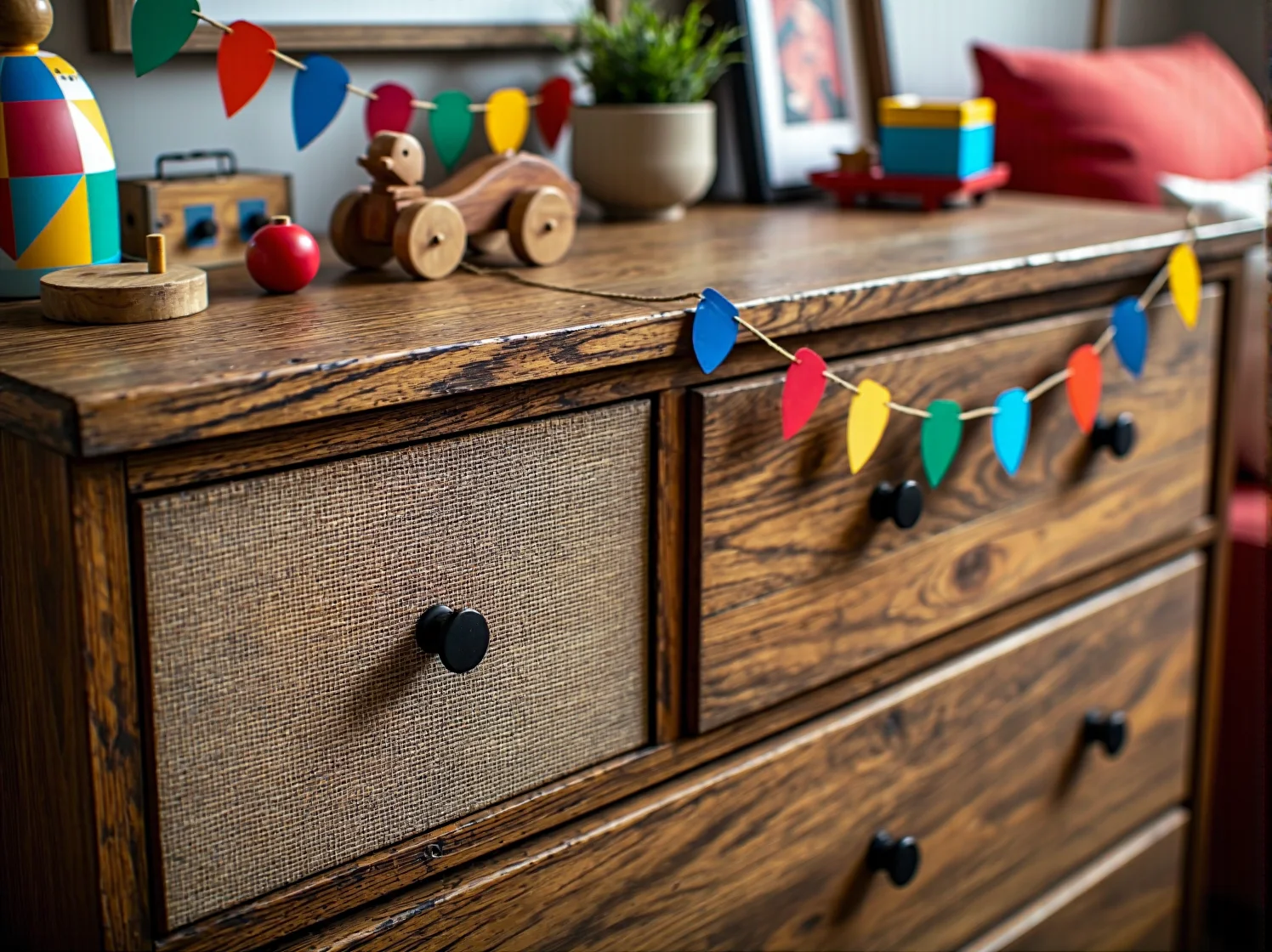 Praktyczne rozmieszczenie mebli dziecięcych w przestrzeni z plecionymi koszami na zabawki.