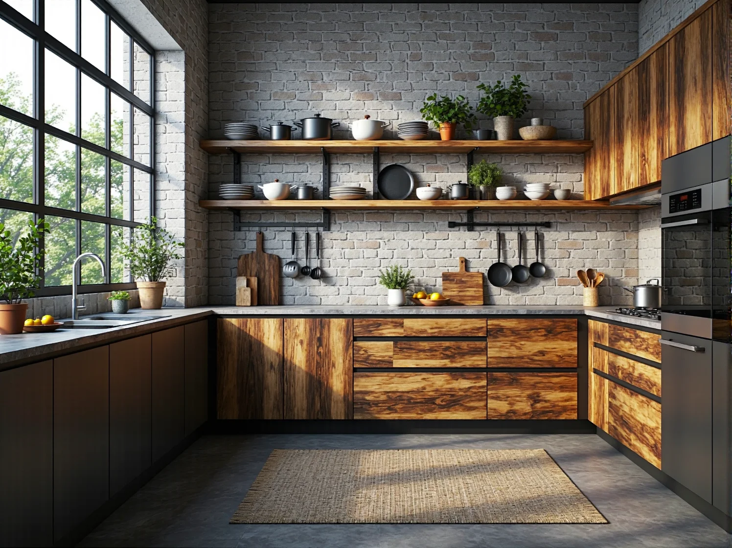 Trzy betonowe lampy wiszące nad drewnianą wyspą kuchenną w stylu loft.