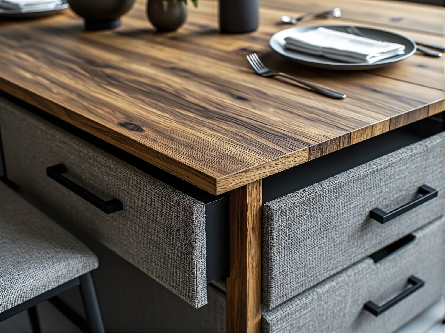 Biały stół kuchenny z praktycznymi szufladami na sztućce, oszczędzający miejsce.