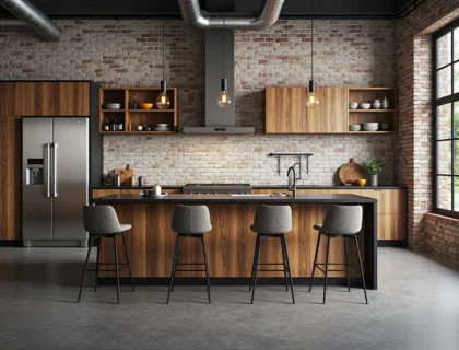 Nowoczesna zabudowa kuchenna drewniana z wyspą i blatem grafitowym