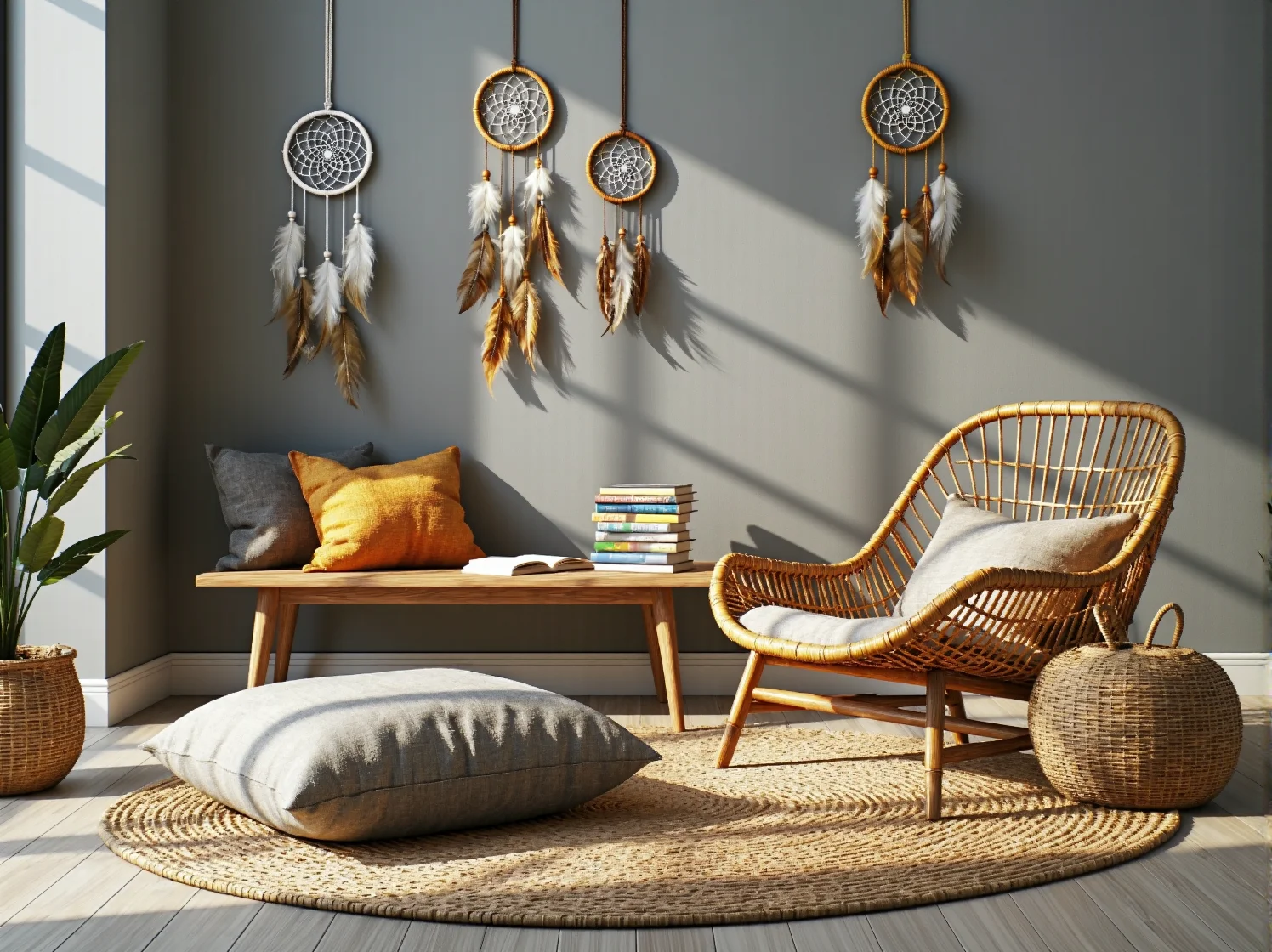 Kolory ziemi i przytulne dodatki boho, bawełniany dywan i miękkie poduszki w kąciku zabaw.