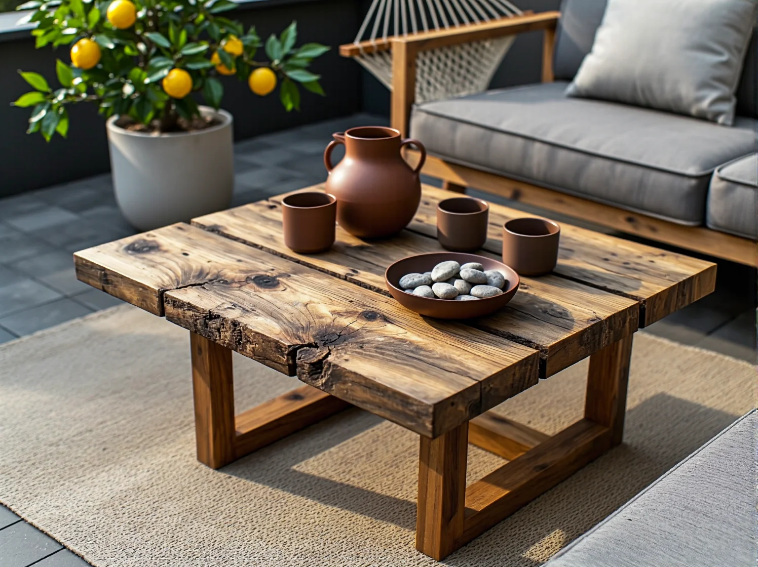 Drewniane dodatki i lampiony w zielonym eko-ogrodzie pełnym roślin.