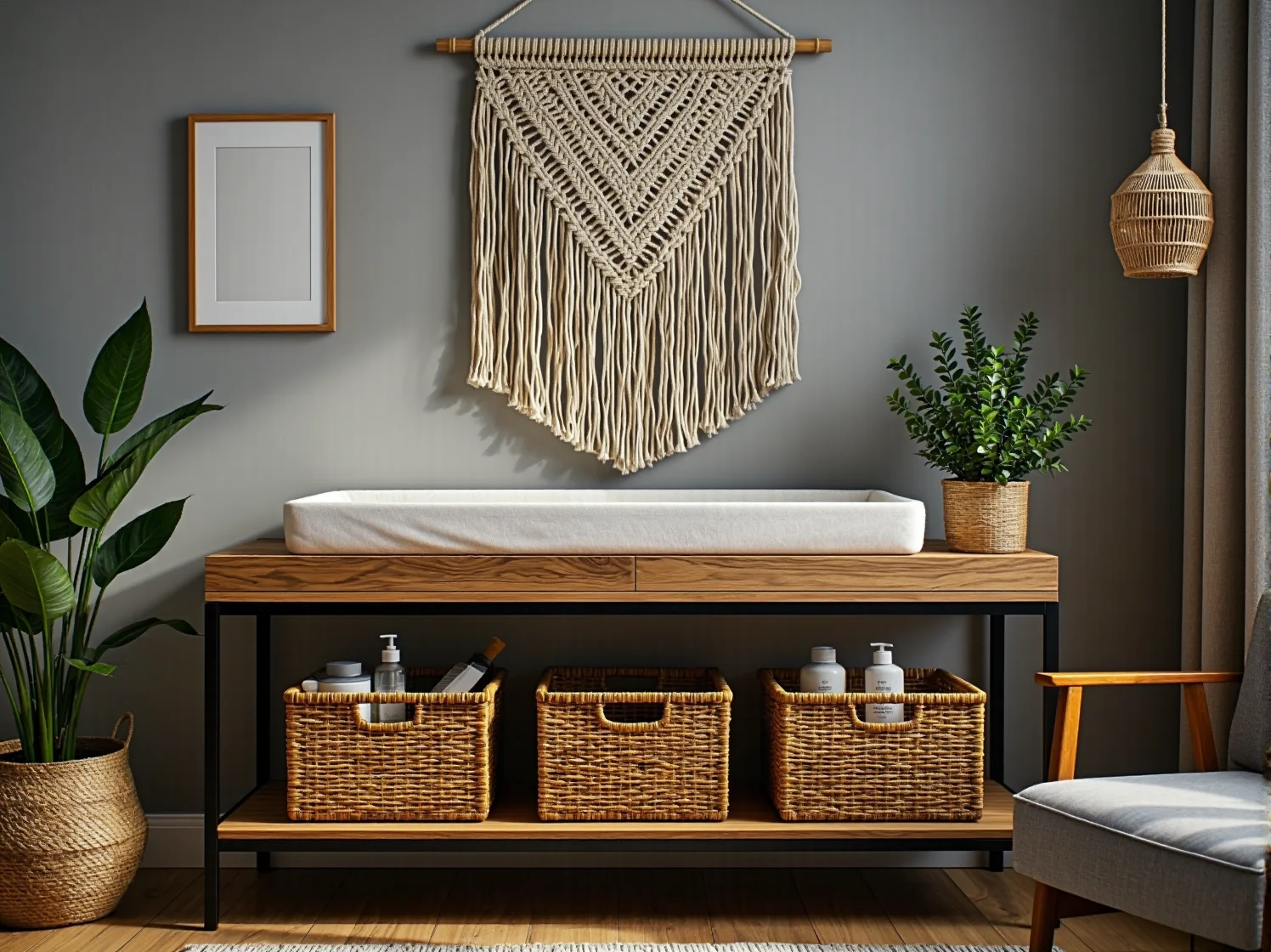 Naturalne materiały w pokoju dziecka: rattanowy fotel i drewniane łóżeczko z baldachimem.