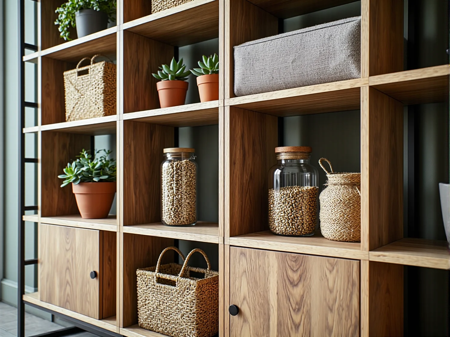 Drewniany regał modułowy w jasnym wnętrzu w stylu eco-friendly