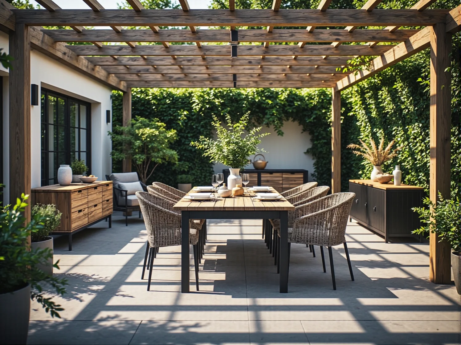 Drewniany stół i krzesła ogrodowe tworzące wygodną jadalnię pod pergolą