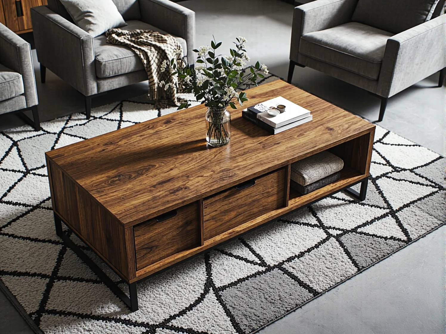 Nowoczesny drewniany stolik do salonu wyposażony w wysuwane szuflady na drobiazgi.