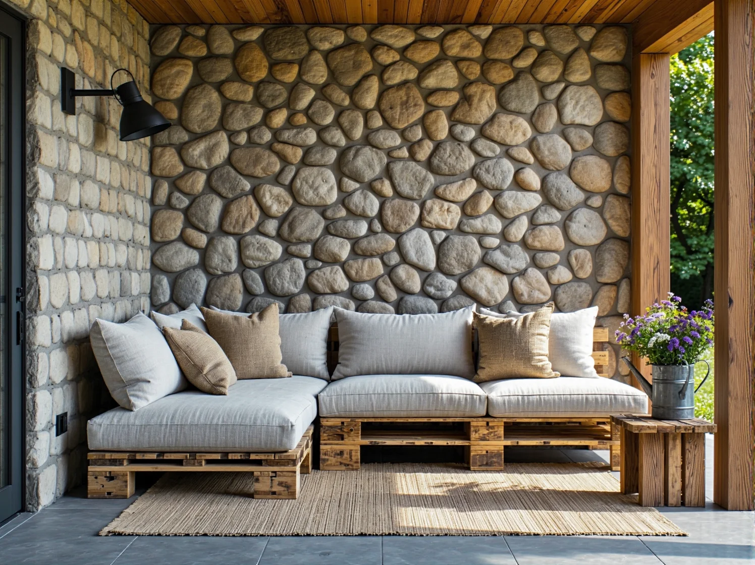 Drewniana pergola na tarasie ozdobiona girlandą z lamp punktowych tworząca ciepły nastrój.