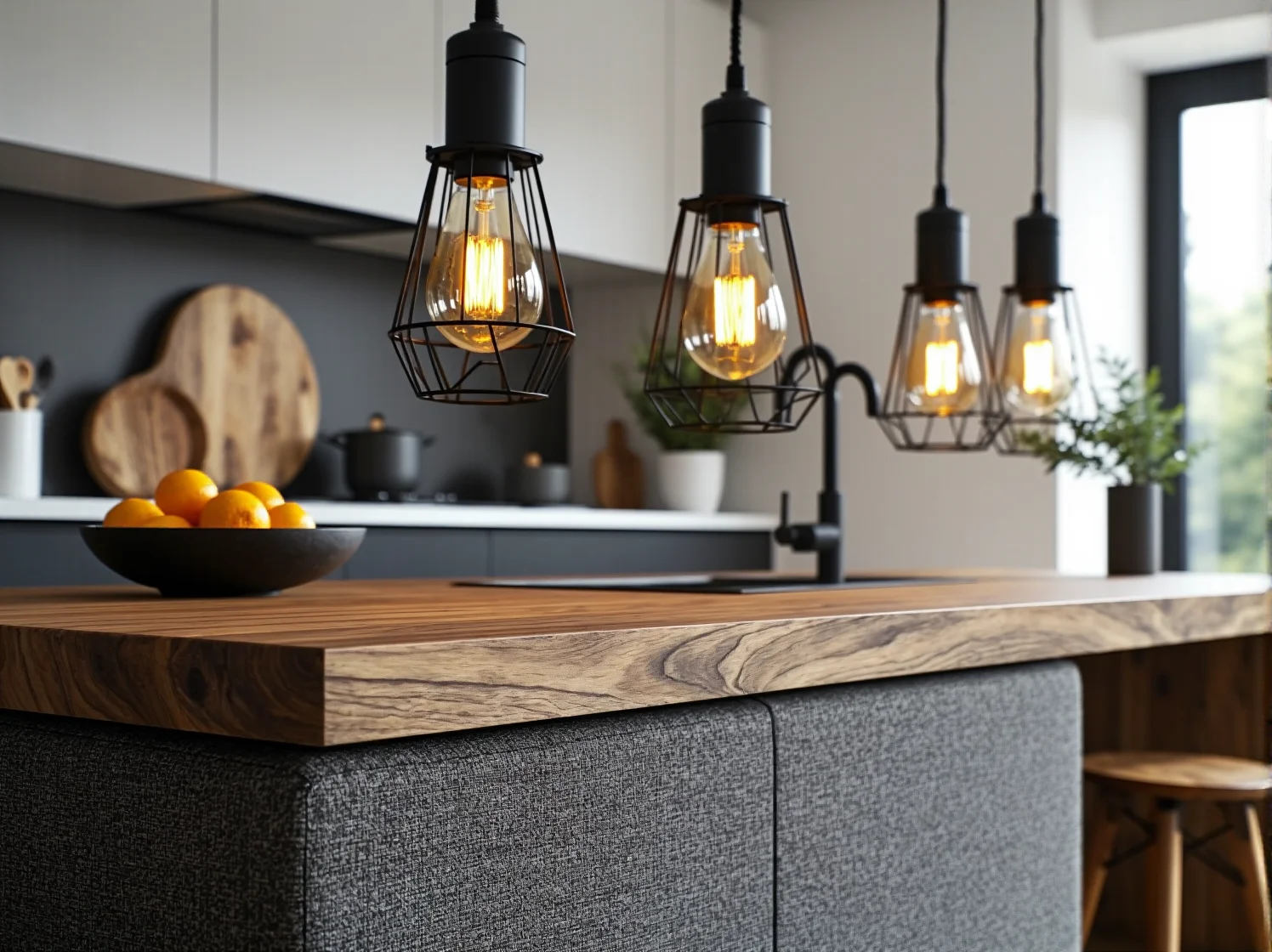 Druciane klosze lamp nad blatem w nowoczesnym wnętrzu industrialnym.