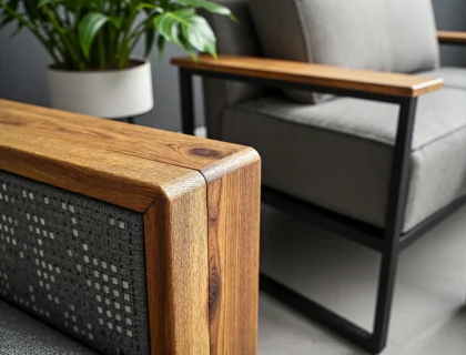 Fotel ogrodowy z drewnianą ramą i plecionką rattanową