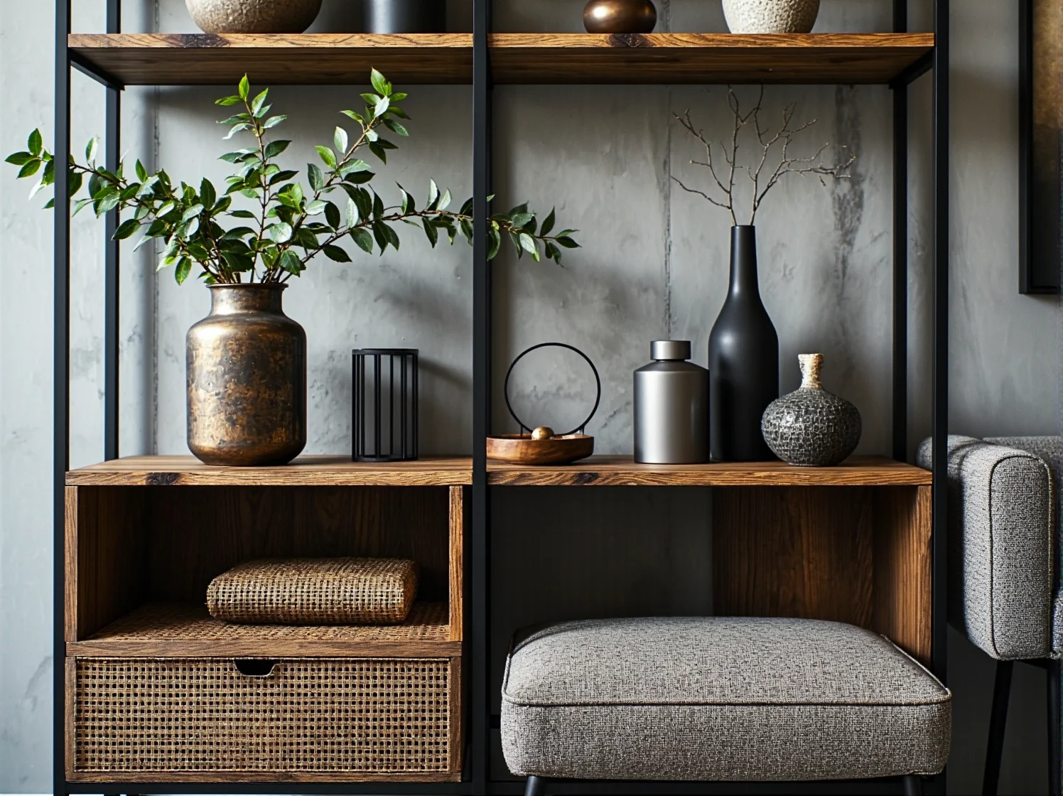 Ekskluzywny metalowy regał dopasowany do surowego loftowego mieszkania.