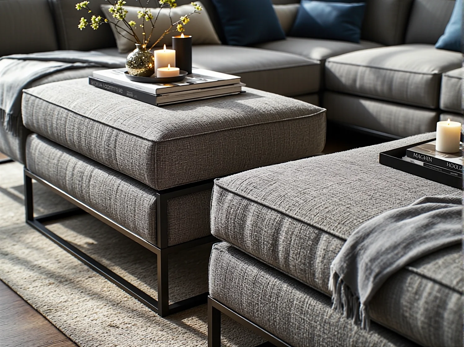 Detale luksusowej sofy modułowej z miękkiego weluru