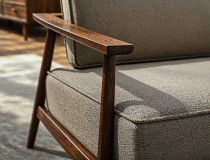 Fotel retro z drewnianym podłokietnikiem i beżową tapicerką