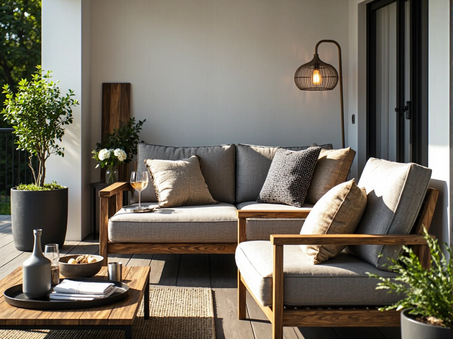 Złote lampiony i eleganckie poduszki zdobiące meble tarasowe