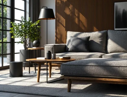 Nowoczesna sofa grafitowa na drewnianych dębowych nóżkach