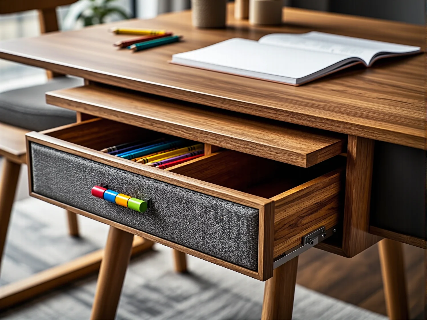 Ergonomiczne biurko dla ucznia z regulacją wysokości blatu wspierające prawidłową postawę.