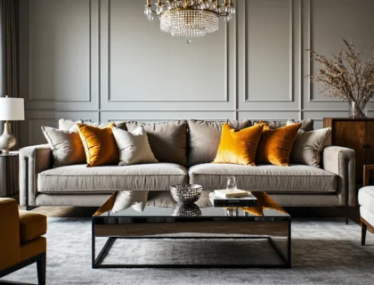 Elegancka sofa trzyosobowa szara welurowa z poduszkami dekoracyjnymi