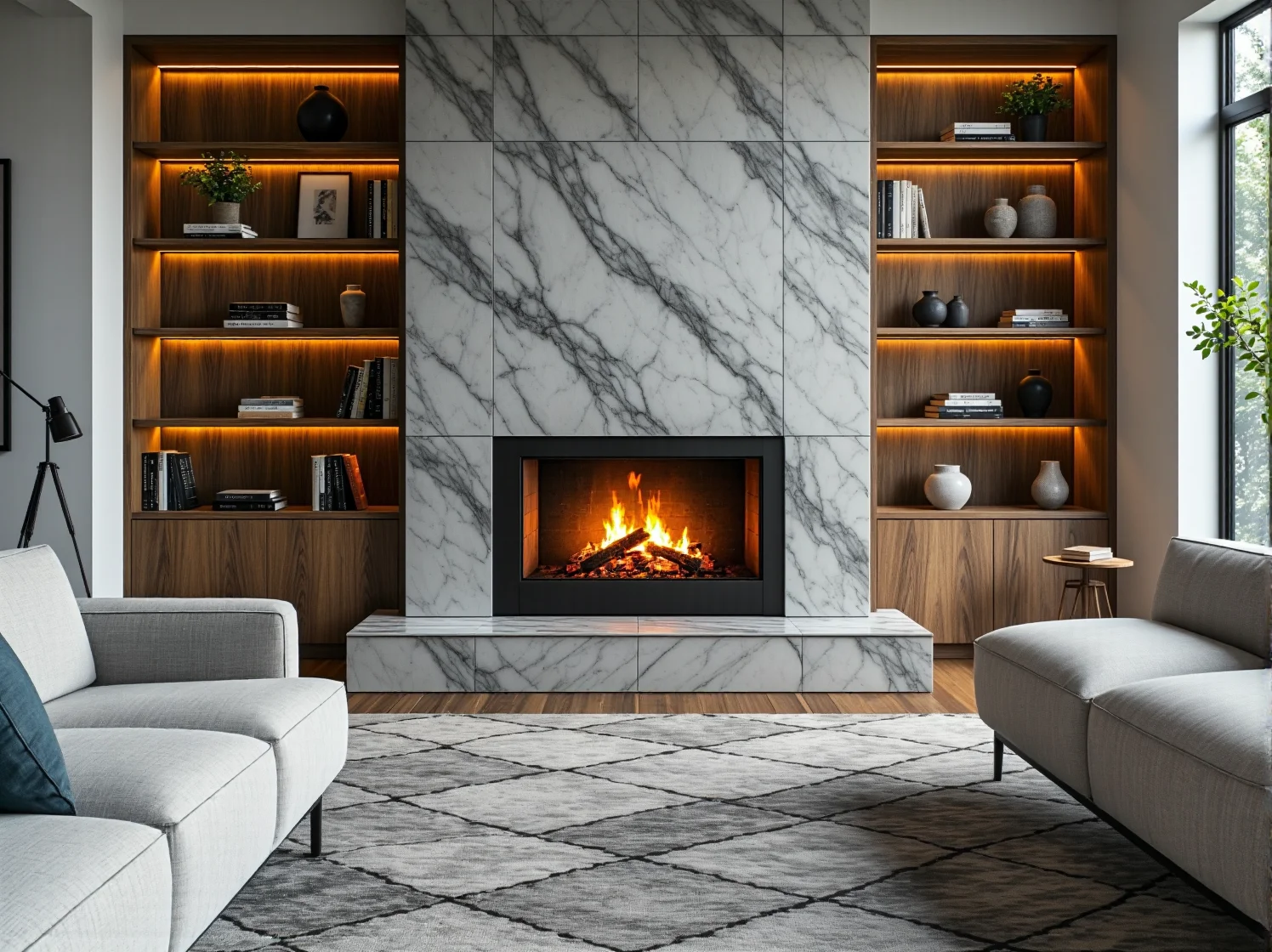 Połączenie blasku glamour i funkcjonalności w jasnym, nowoczesnym pokoju dziennym.