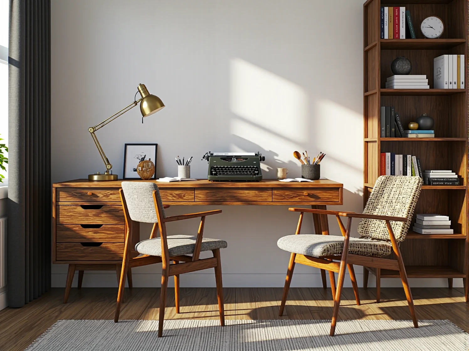 Przytulna jadalnia łącząca nowoczesny stół z krzesłami vintage w stylu skandynawskim.