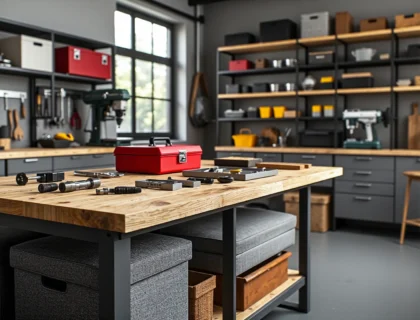 Stół warsztatowy z drewnianym blatem na metalowym stelażu grafitowym