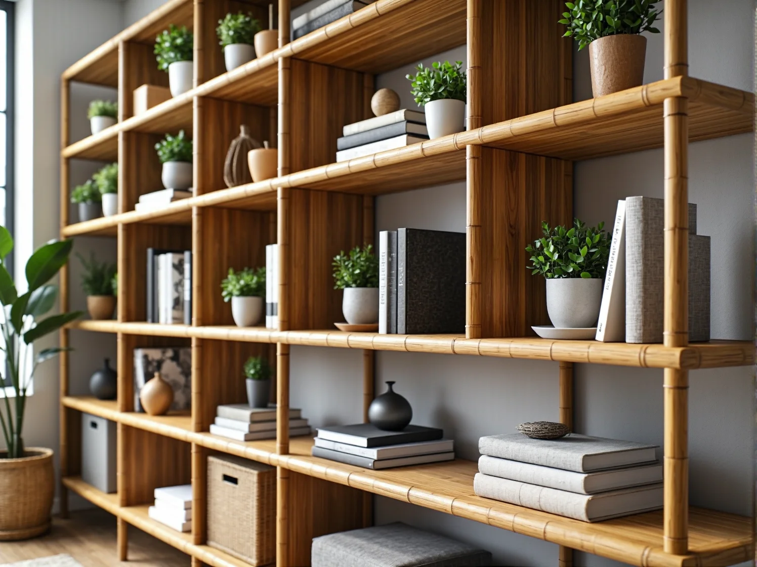 Lekkie meble z bambusa w małej sypialni. Bambus to idealny ekologiczny materiał do małych mieszkań.