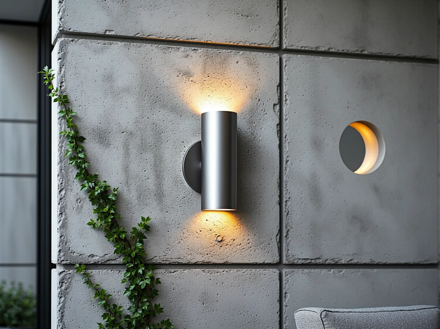 Dwukierunkowy kinkiet zewnętrzny oświetlający surową ścianę z betonu architektonicznego.
