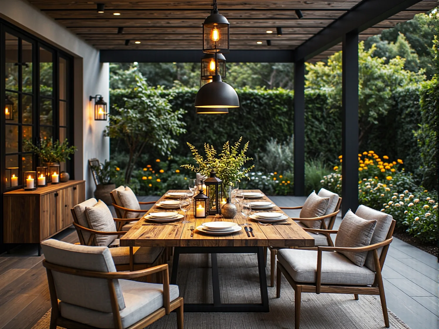 Nowoczesne kinkiety zewnętrzne zapewniające delikatne światło na tarasie.