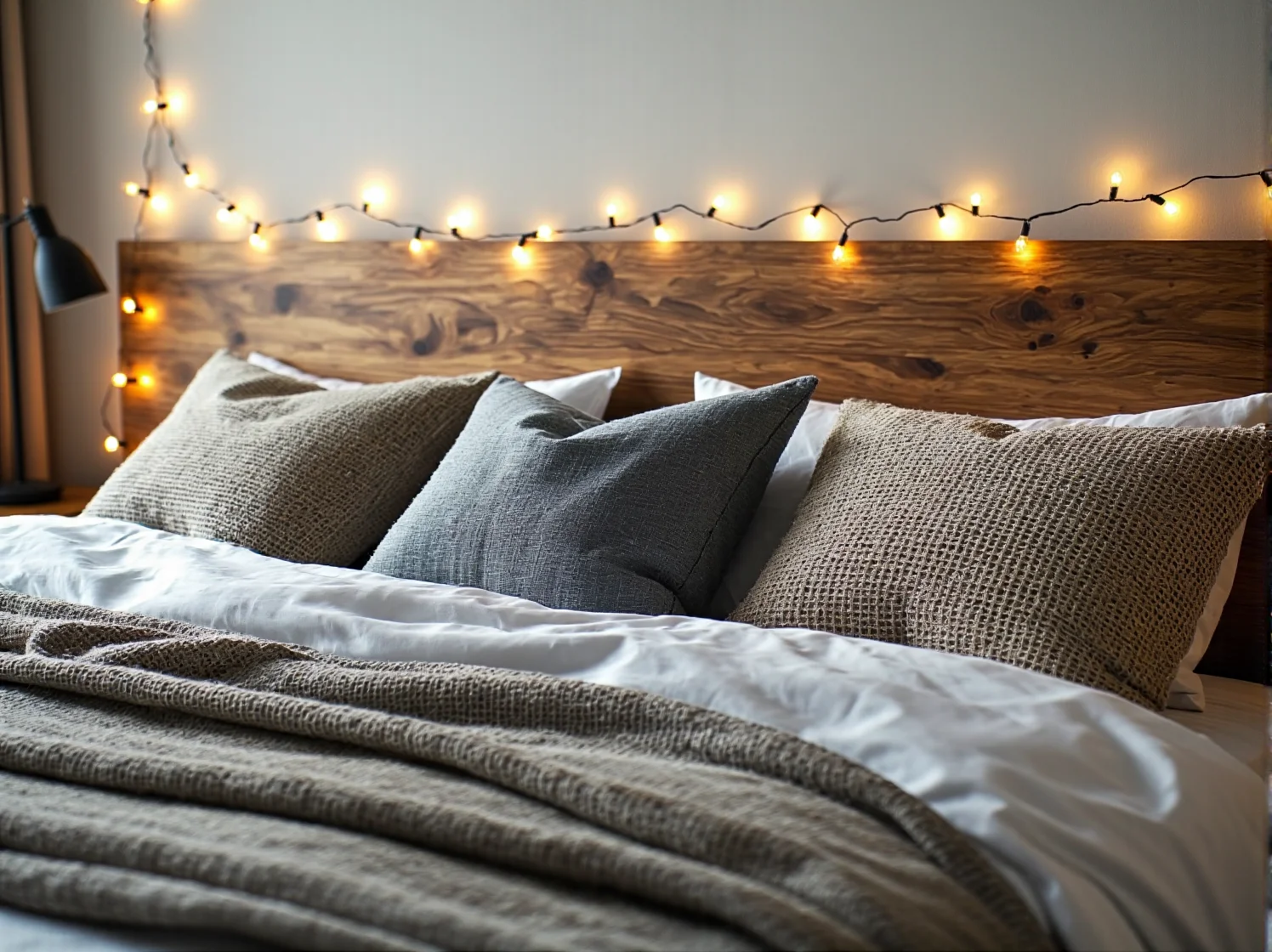 Klimatyczne oświetlenie LED za zagłówkiem w nowoczesnej sypialni