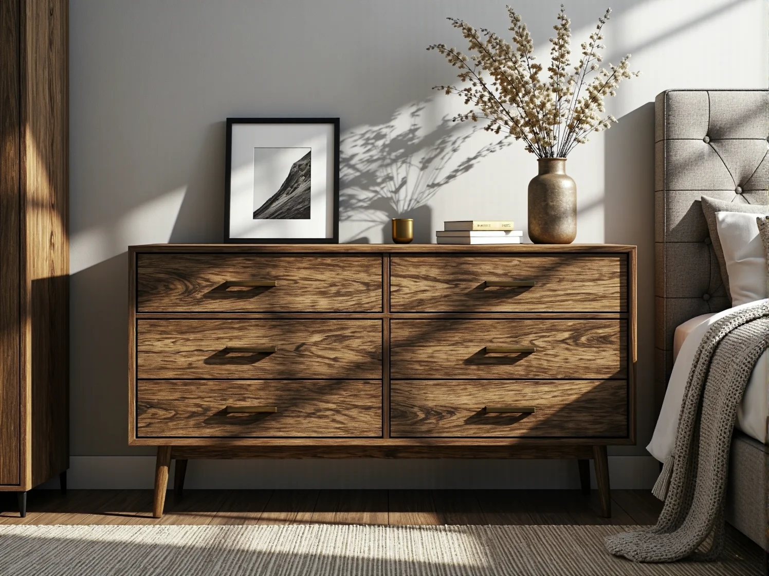 Drewniana komoda retro w jasnym skandynawskim wnętrzu z roślinami doniczkowymi.