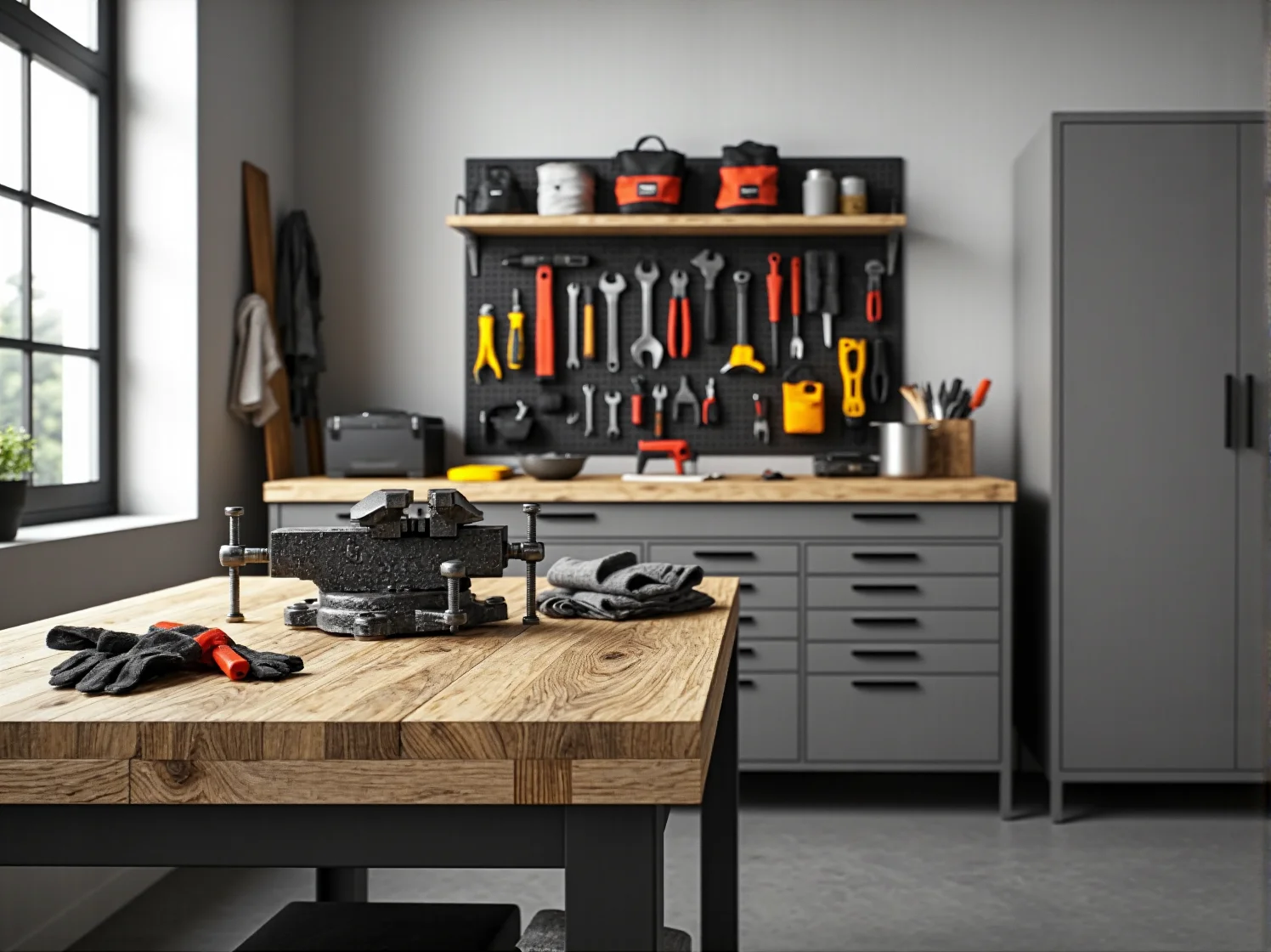 Kompaktowa lampa robocza nad stołem warsztatowym w garażu