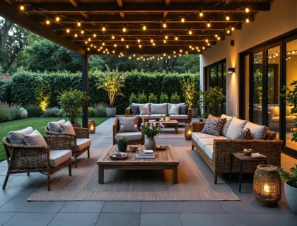 Rattanowy zestaw wypoczynkowy ogrodowy z lampionami i girlandą świetlną