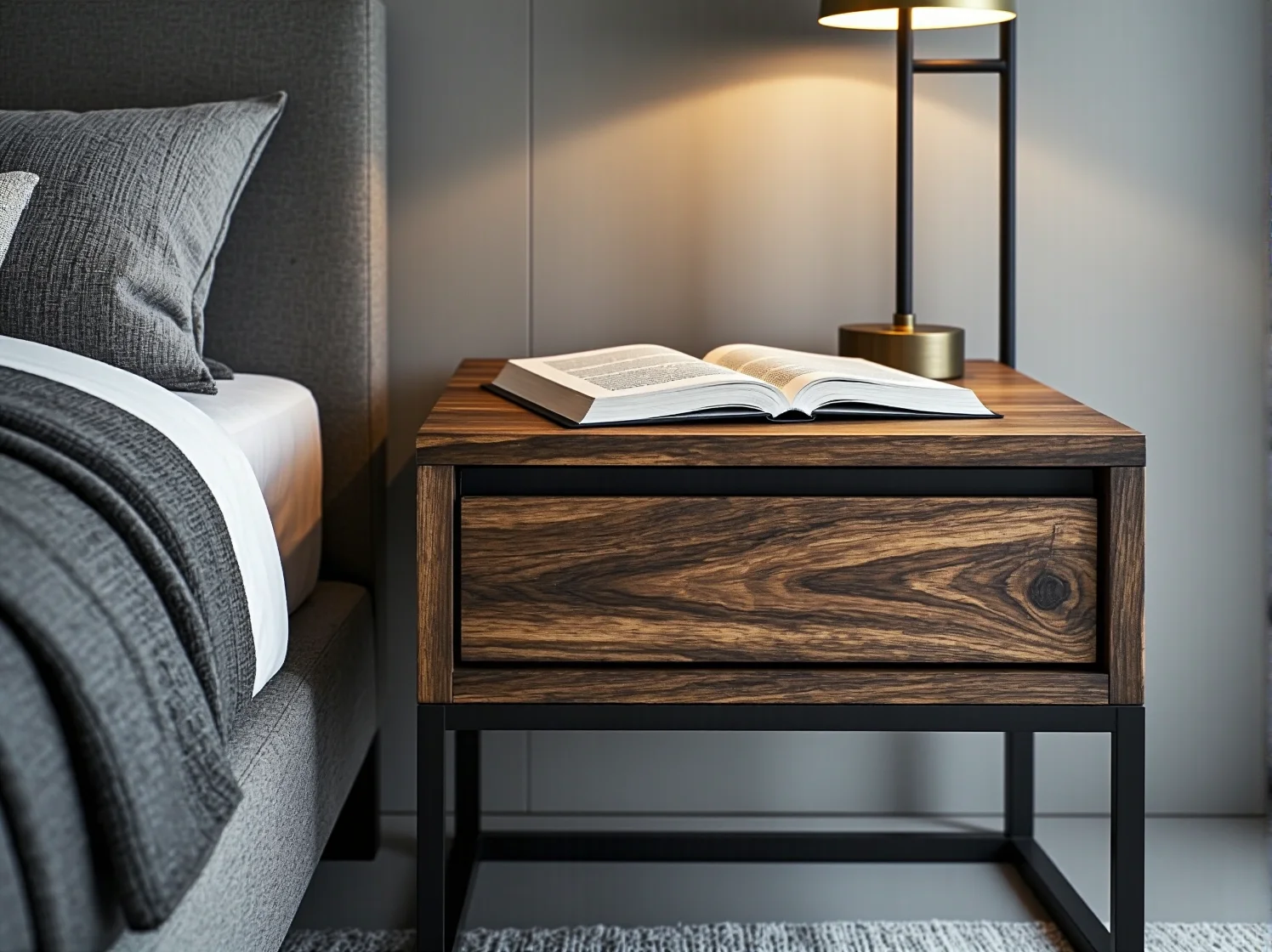 Wygodne łóżko z drewnem i metalem idealne do sypialni w stylu loftowym.