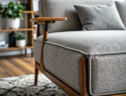 Szara sofa tapicerowana na drewnianym stelażu z poduszką