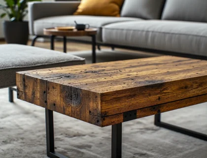 Stolik kawowy z litego drewna na metalowych nogach