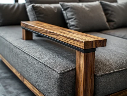 Wielofunkcyjna sofa szara z drewnianym podłokietnikiem dębowym