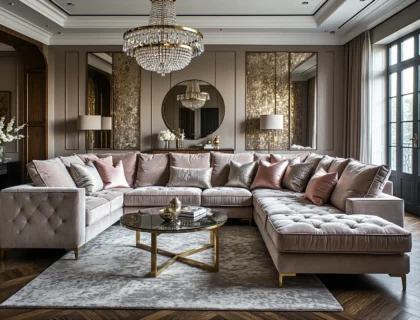 Narożnik tapicerowany welurowy beżowo-różowy z pikowanym siedziskiem na złotych nóżkach