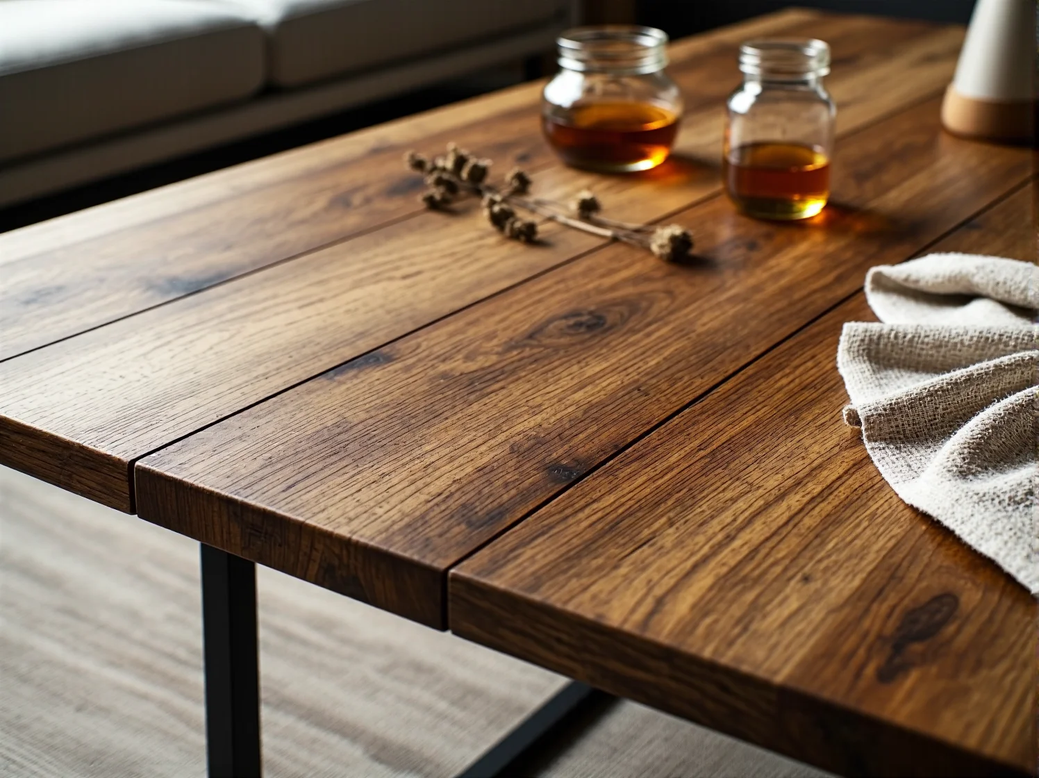 Proces olejowania blatu stołu za pomocą naturalnego oleju ochronnego.