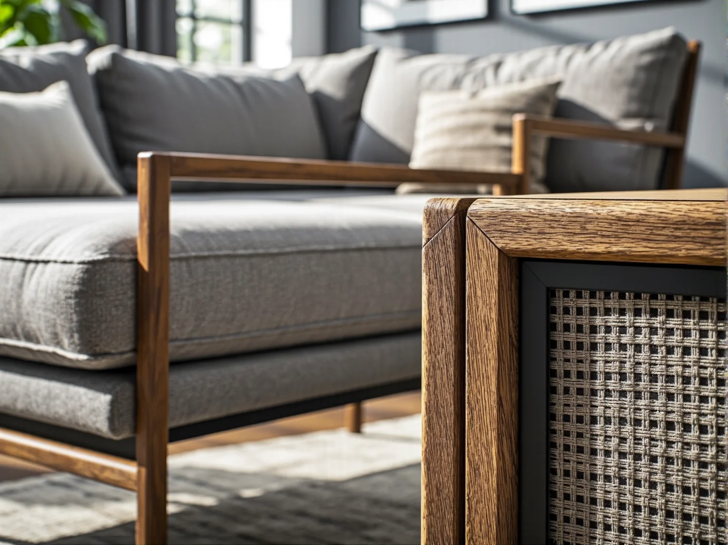 Niski regał pełniący funkcję ścianki działowej w małym mieszkaniu.