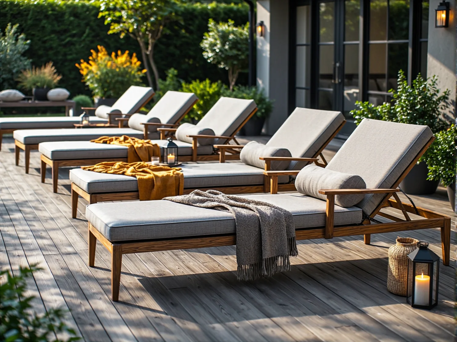 Szereg nowoczesnych leżaków z wygodnymi materacami na tarasie luksusowego resortu.