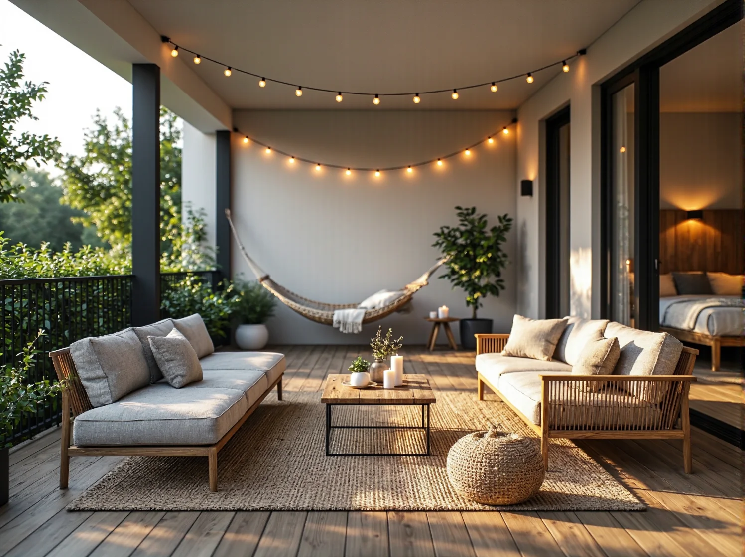 Nowoczesne meble balkonowe, stylowe oświetlenie i dekoracyjne poduszki na zewnątrz