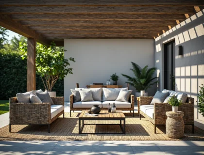 Rattanowy zestaw wypoczynkowy ogrodowy z jasnoszarymi poduszkami