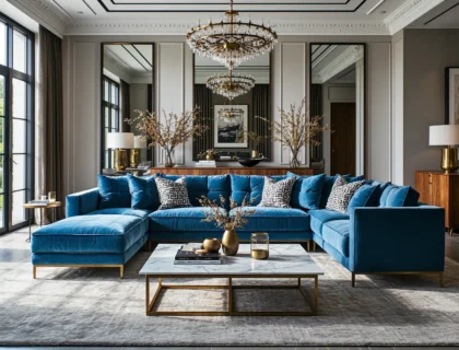 Narożnik welurowy niebieski na złotych metalowych nóżkach