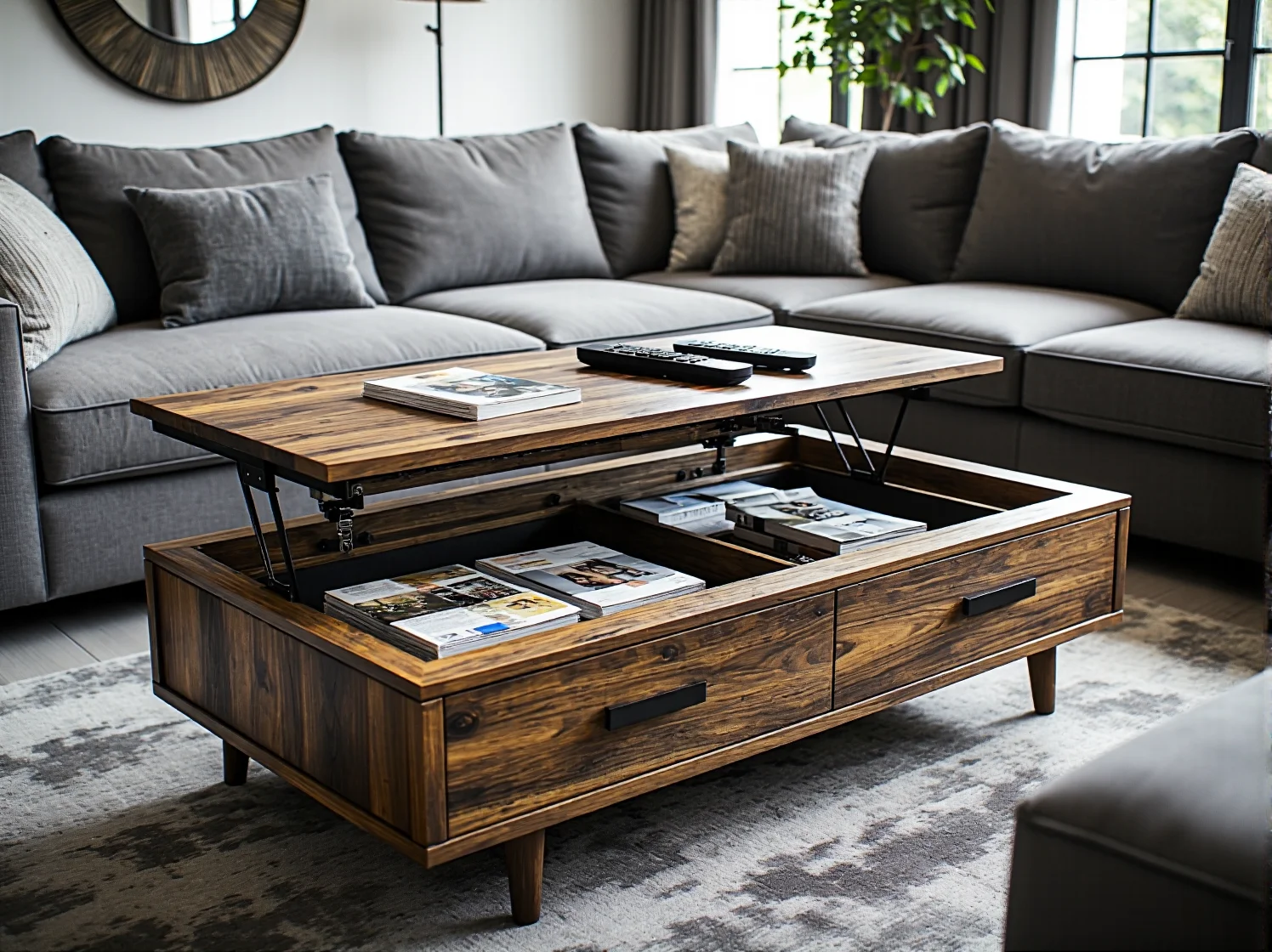 Okrągły stolik kawowy ze zdejmowanym blatem oferujący sprytne miejsce na przechowywanie.