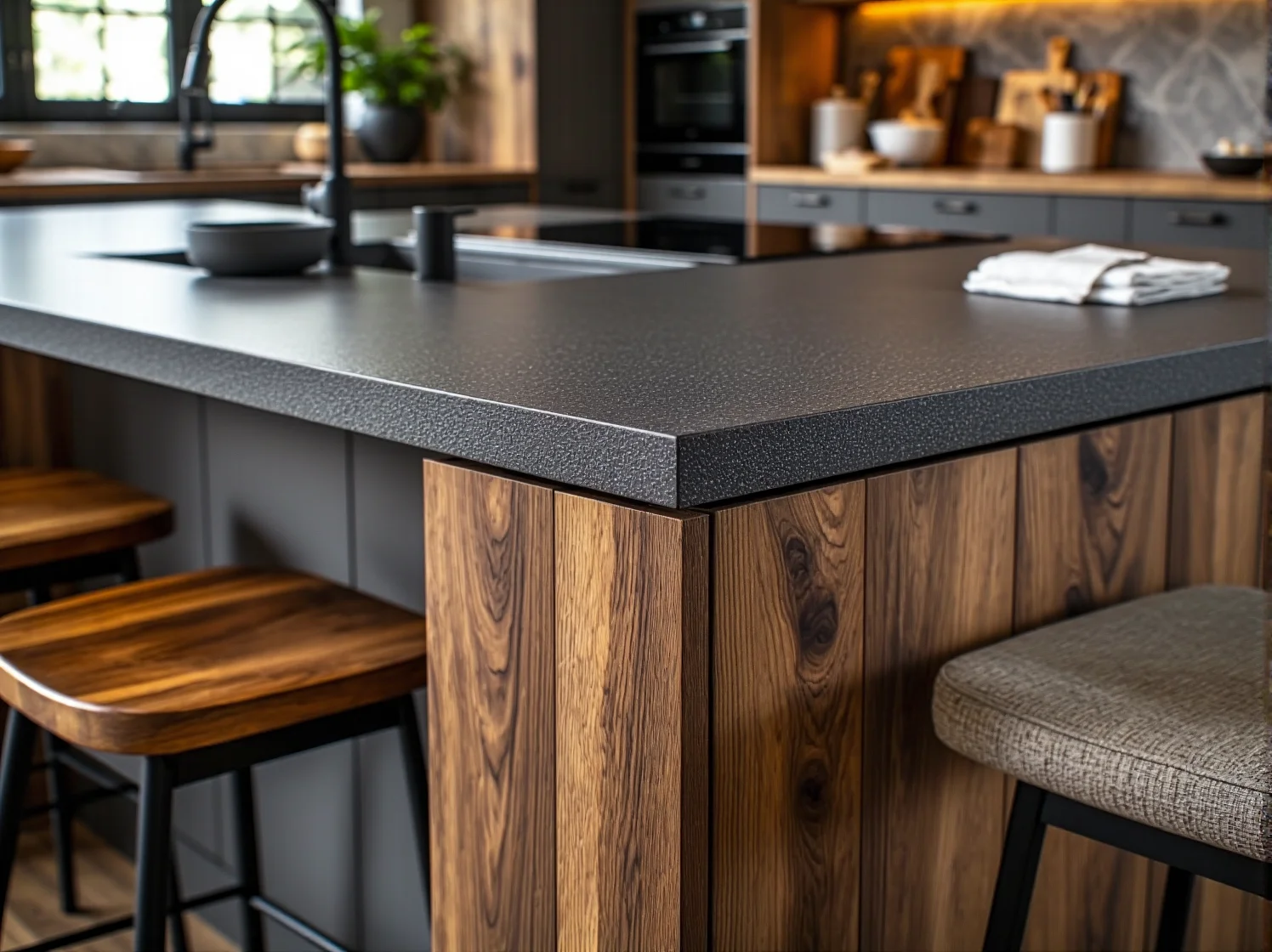 Złote oświetlenie loftowe idealnie pasujące do ceglanych ścian w kuchni.