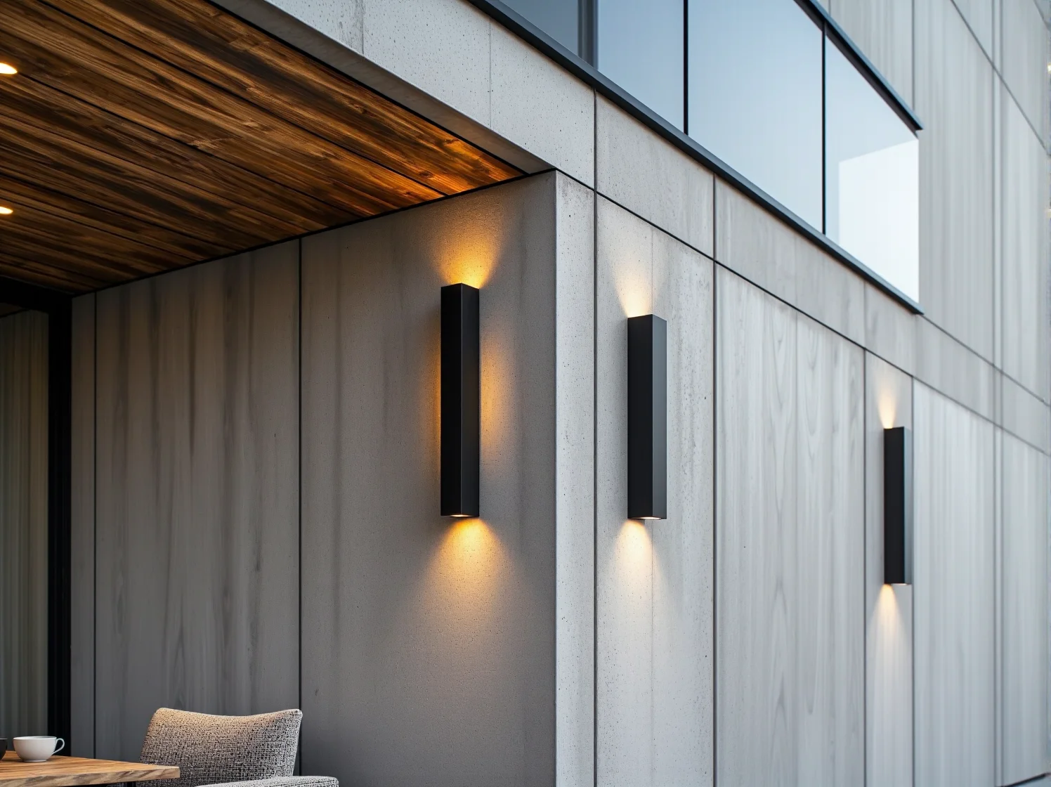 Odporna na warunki atmosferyczne oprawa elewacyjna zamontowana na nowoczesnej betonowej elewacji.