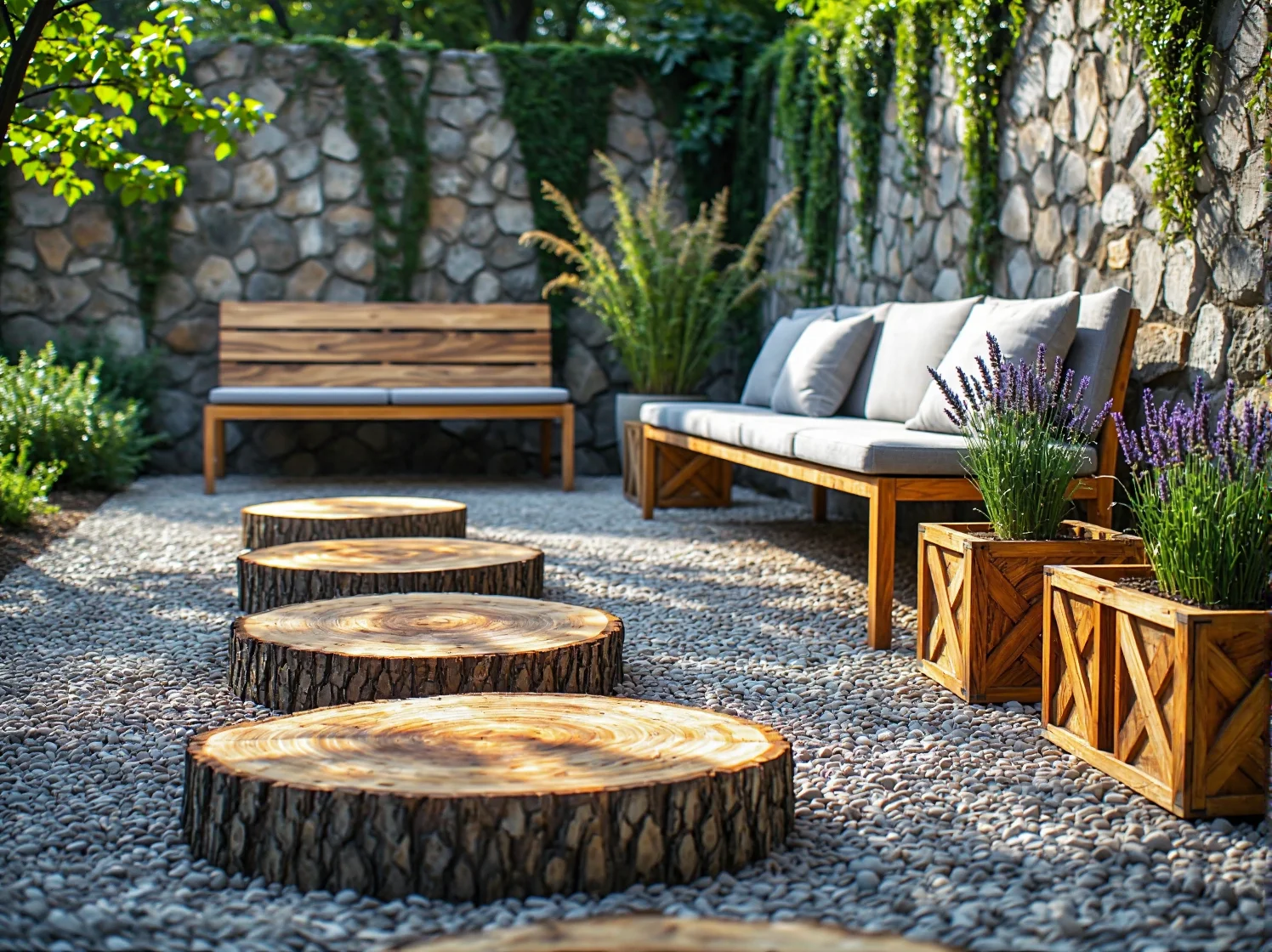 Zrównoważona przestrzeń relaksu z drewnianą ławką i naturalnymi materiałami.