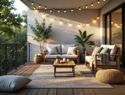 Drewniany zestaw wypoczynkowy ogrodowy z szarymi poduszkami i stolikiem