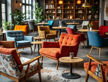 Kolorowe fotele retro z pikowaną tapicerką na drewnianych nóżkach